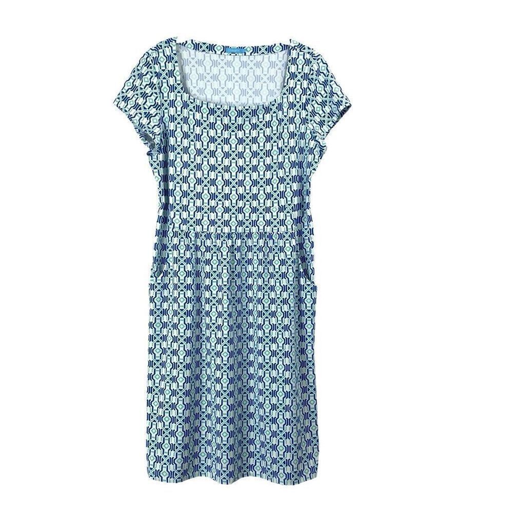 J. McLaughlin Catalina cloth short sleeve geometric‎ print dress Sz L blue white